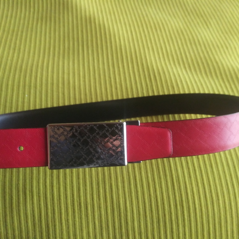 Tumi Reversible Red and Black Leather Belt with Silver Buckle